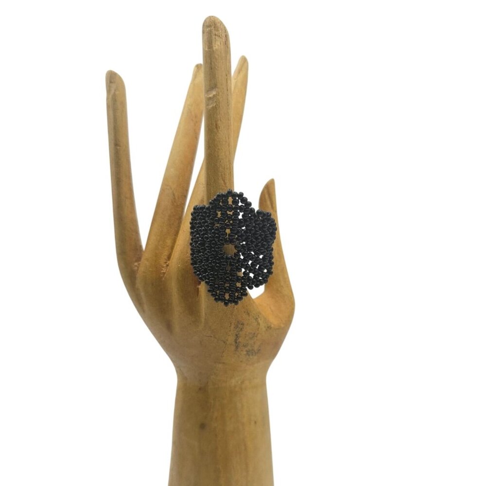 New Artisan Handmade Black Floral Beaded Handcrafted Ring Goth Whimsical